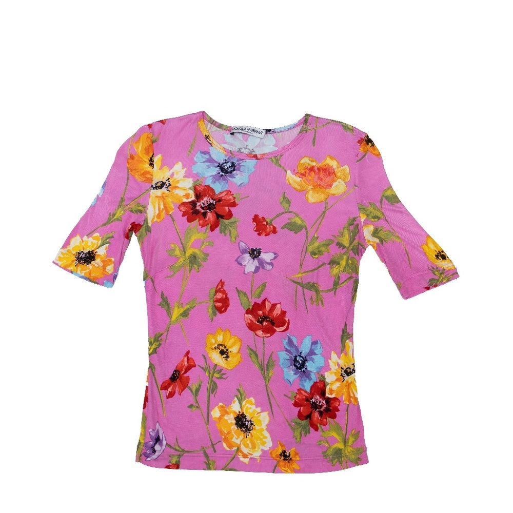 Dolce & Gabbana Pink Floral Stretch Mesh Top – US S
